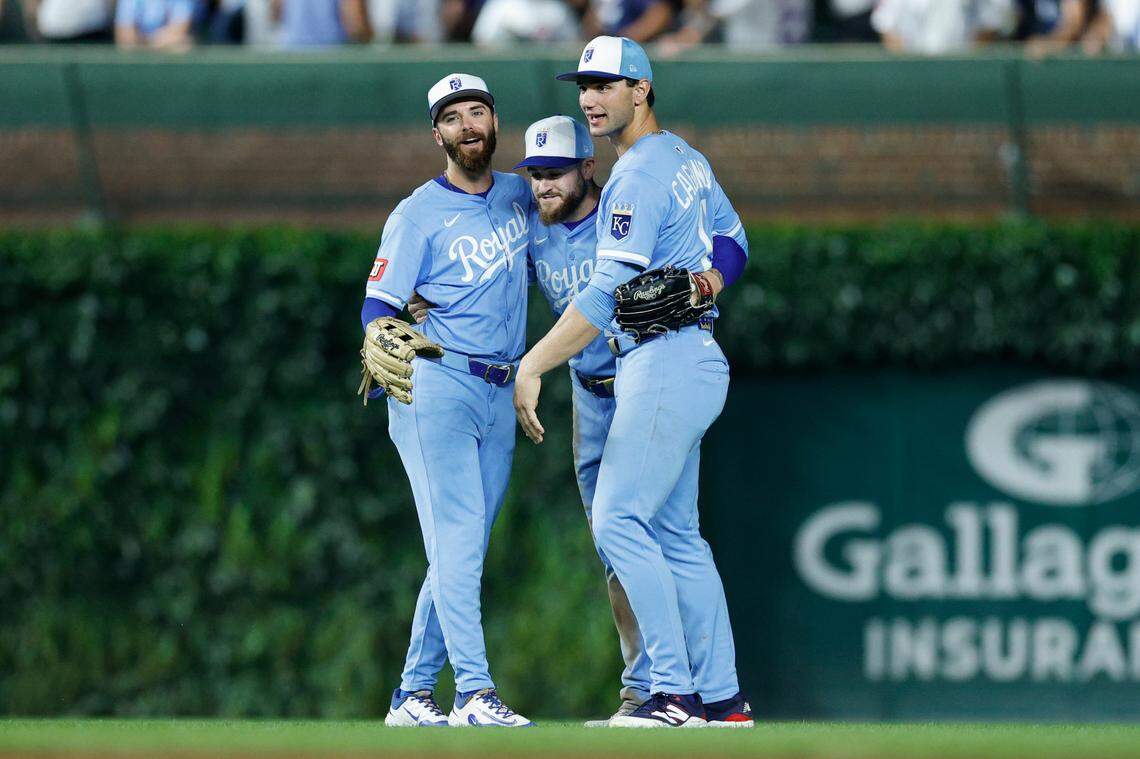The Kansas City Royals’ outfielders, left fielder John Rave, center fielder Kyle Isbel and right fielder Jac Caglianone, celebrate a Monday, July 21, 2025 victory over the Cubs at Wrigley Field in Chicago.