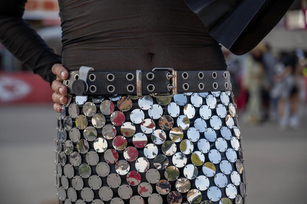 Nicolas Fonseca, from the country of Colombia, shows off his mirrorball skirt before attending last stop of Beyoncé’s Renaissance World Tour at GEHA Field at Arrowhead Stadium on Sunday, Oct. 1, 2023, in Kansas City.