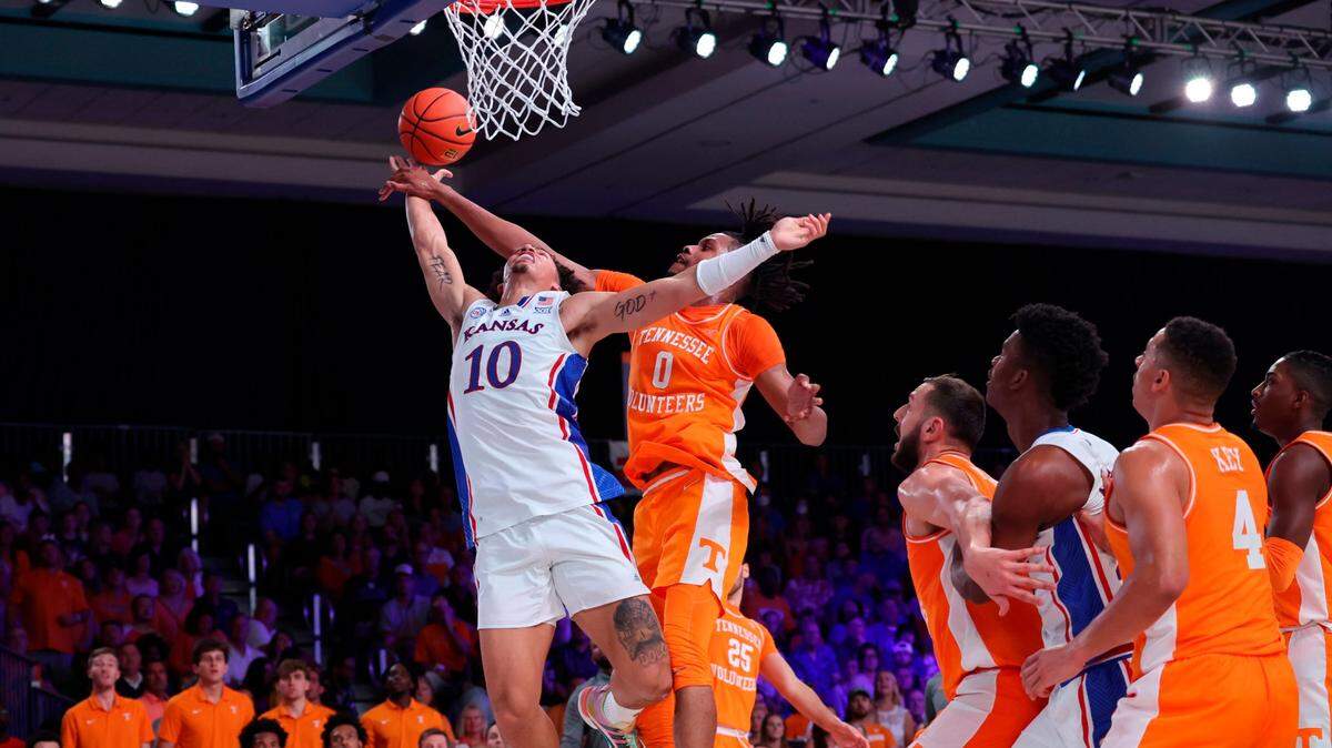 Kansas’ Jalen Wilson (right) shoots against Tennessee’s Jonas Aidoo the championship game of the Battle 4 Atlantis at Paradise Island, Bahamas on Friday, Nov. 25, 2022. (Tim Aylen/Bahamas Visual Services via AP)Aylen/Bahamas Visual Services via AP)