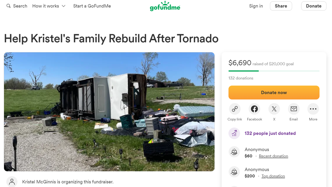 An EF-1 tornado wrecked a family’s temporary home in Smithville on Tuesday, April 16, 2024, leaving the family starting over for the second time in two years. A GoFundMe has been started to help with the cost of finding a new home.