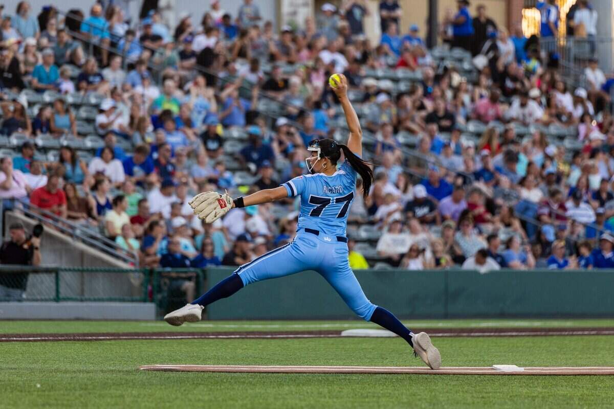 Kasey Richard, #77, pitches during the KC Diamonds home opener at Legends Field on Wednesday, June 17, 2026. The KC Diamonds won 5-3 over the Florida Vibes.