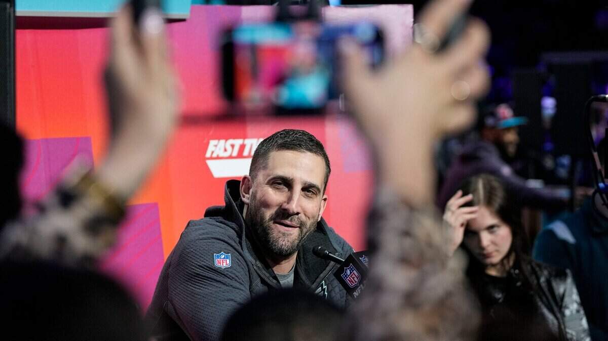 Philadelphia Eagles head coach Nick Sirianni speaks to the media during Super Bowl Opening Night in Phoenix.