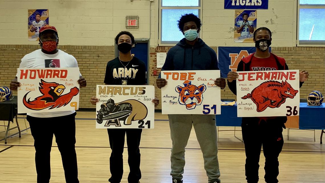 The four Division I-bound Lincoln Prep high school seniors were honored during a special signing day ceremony this week. From left are Howard Brown, Marcus Bass, Tobe Okoli and Jermaine Hamilton-Jordan