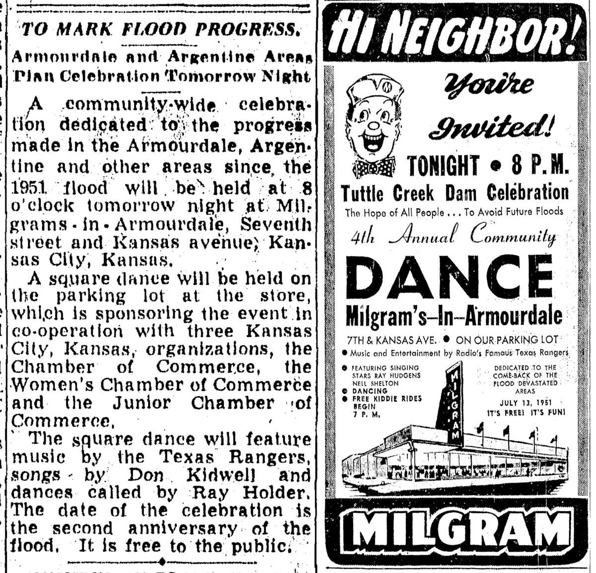 Flood dances for Argentine and Armourdale residents were hosted by the Milgram grocery store at 7th Street and Kansas Avenue.