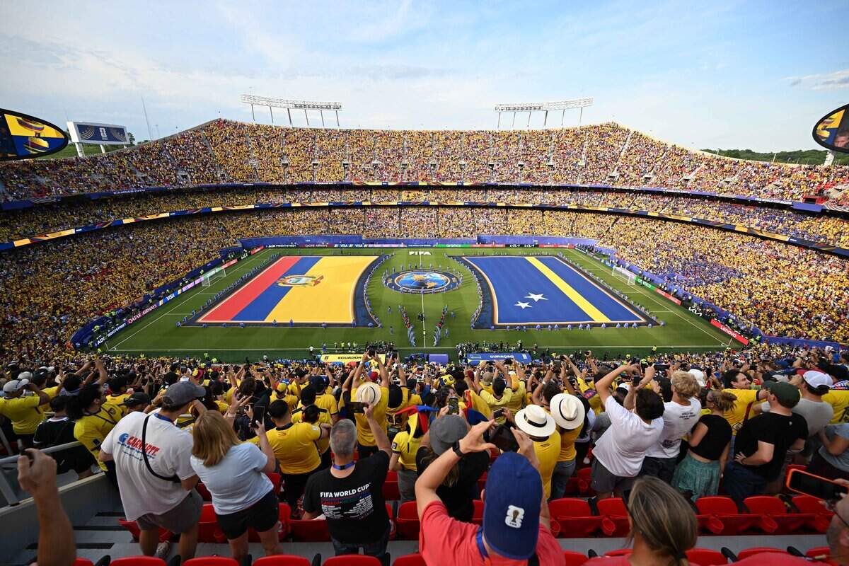 The nations flags are displayed on the pitch before the Ecuador vs. Curaçao FIFA World Cup group-stage soccer match at Kansas City (Arrowhead) Stadium in Kansas City on Saturday, June 20, 2026.Ecuador vs. Curaçao FIFA World Cup group-stage soccer match at Kansas City (Arrowhead) Stadium in Kansas City on Saturday, June 20, 2026.