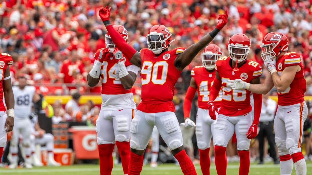 Kansas City Chiefs defensive end Charles Omenihu (90) eggs on the crowd in the second quarter during a preseason game against the Cleveland Browns at GEHA Field at Arrowhead Stadium on Saturday, Aug. 26, 2023, in Kansas City.