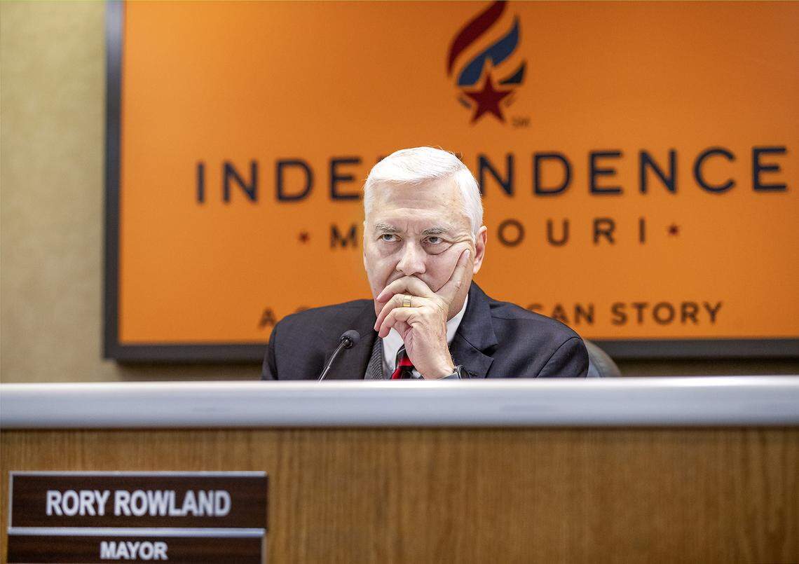 Independence Mayor Rory Rowland listened as members of the community spoke Monday, March 2, 2026, before the council voted to approve a tax incentive plan for the Nebius AI data center.