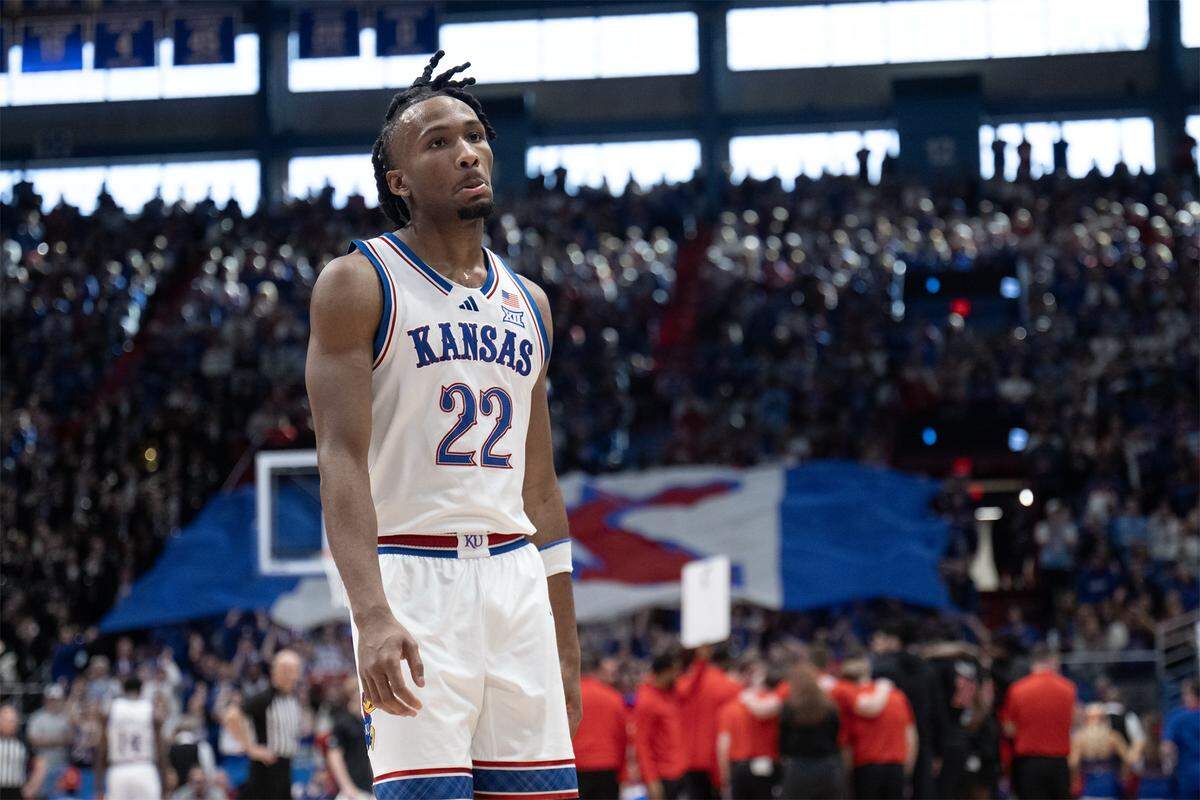 Kansas Jayhawks guard Darryn Peterson (22) heads to the bench in the second half against the Cincinnati Bearcats at Allen Fieldhouse on Saturday, Feb. 21, 2026, in Lawrence, Kansas.