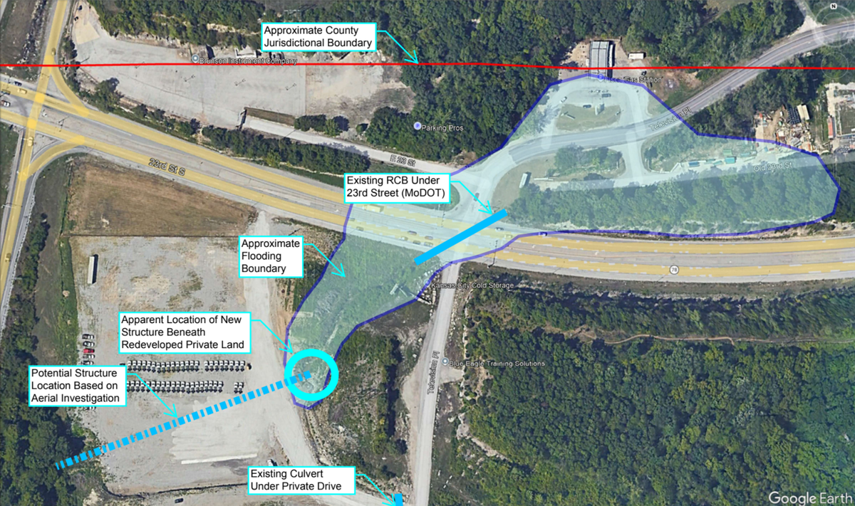 Map shows the flooding situation at 23rd Street Trafficway and Television Place.