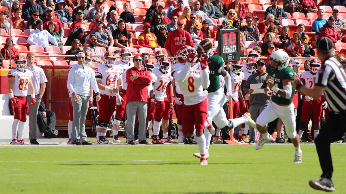 Pittsburg State wide receiver Lorenzo West hauls in a 78-yard touchdown reception to to give the Gorillas an early 7-0 lead over Northwest Missouri State in the Fall Classic on Saturday at Arrowhead Stadium.