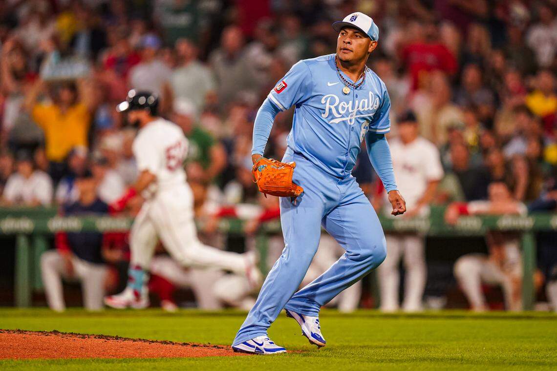 Kansas City Royals pitcher Angel Zerpa (61) looks on as Boston Red Sox outfielder Wilyer Abreu (52) hits a double in the sixth inning at Fenway Park on Aug 5, 2025 in Boston, Massachusetts, USA.