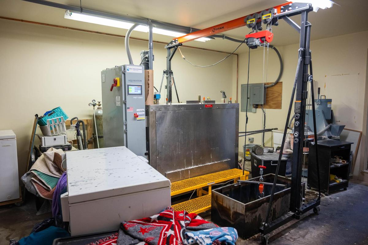 The Pet-550, center at Heartland Pet Aquamation, contains a warm bath of water and alkali solution that under pressure, dissolves organic matter, leaving only skeletal remains. Bones are then ground into cremated remains in a separate device.