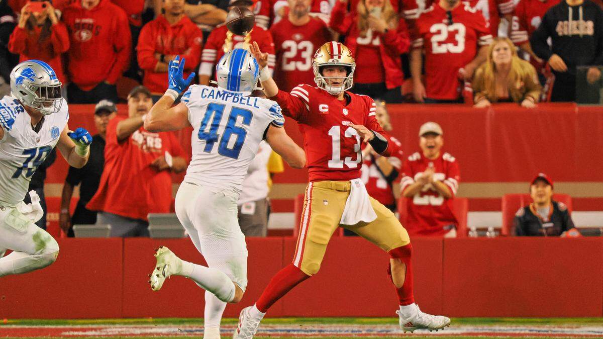 San Francisco 49ers quarterback Brock Purdy (13) passes the ball against the Detroit Lions during the second half of the NFC Championship football game at Levi’s Stadium. M