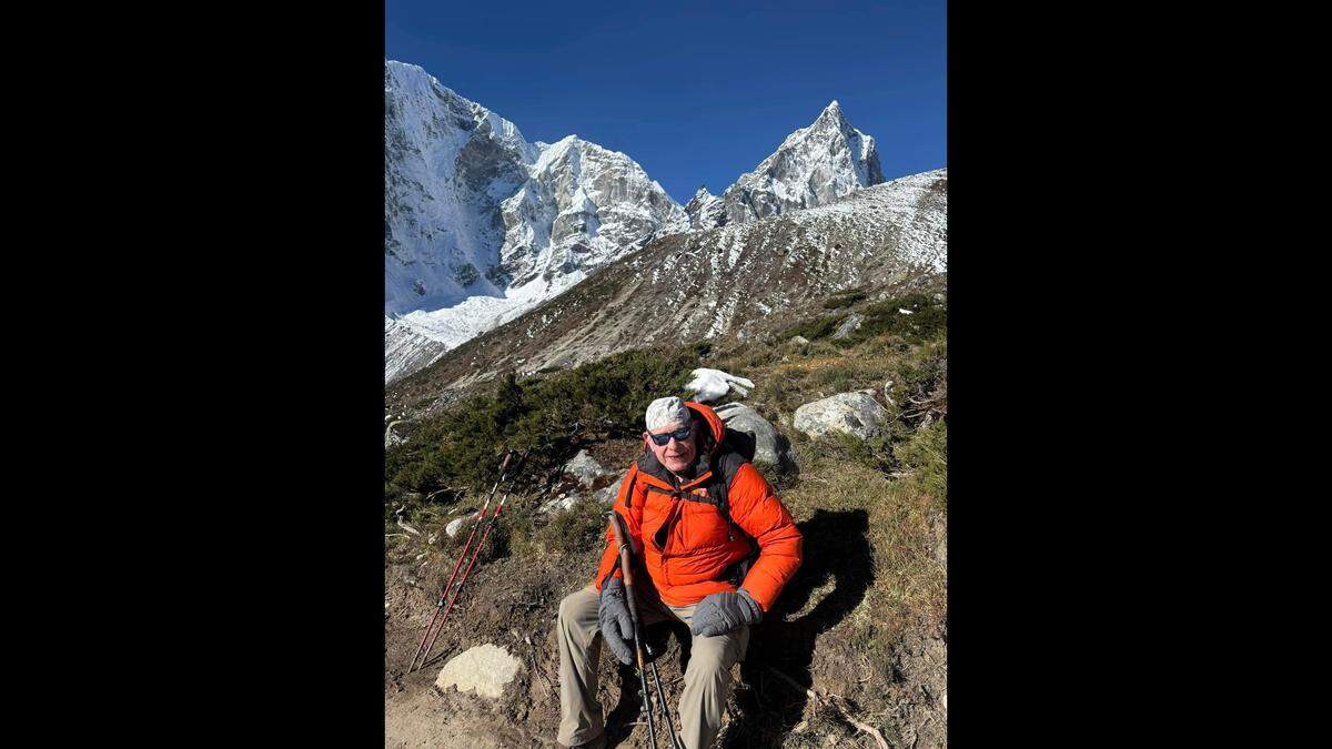 Dave McClung stops for a photo during his hike to South Base Camp at Mount Everest.