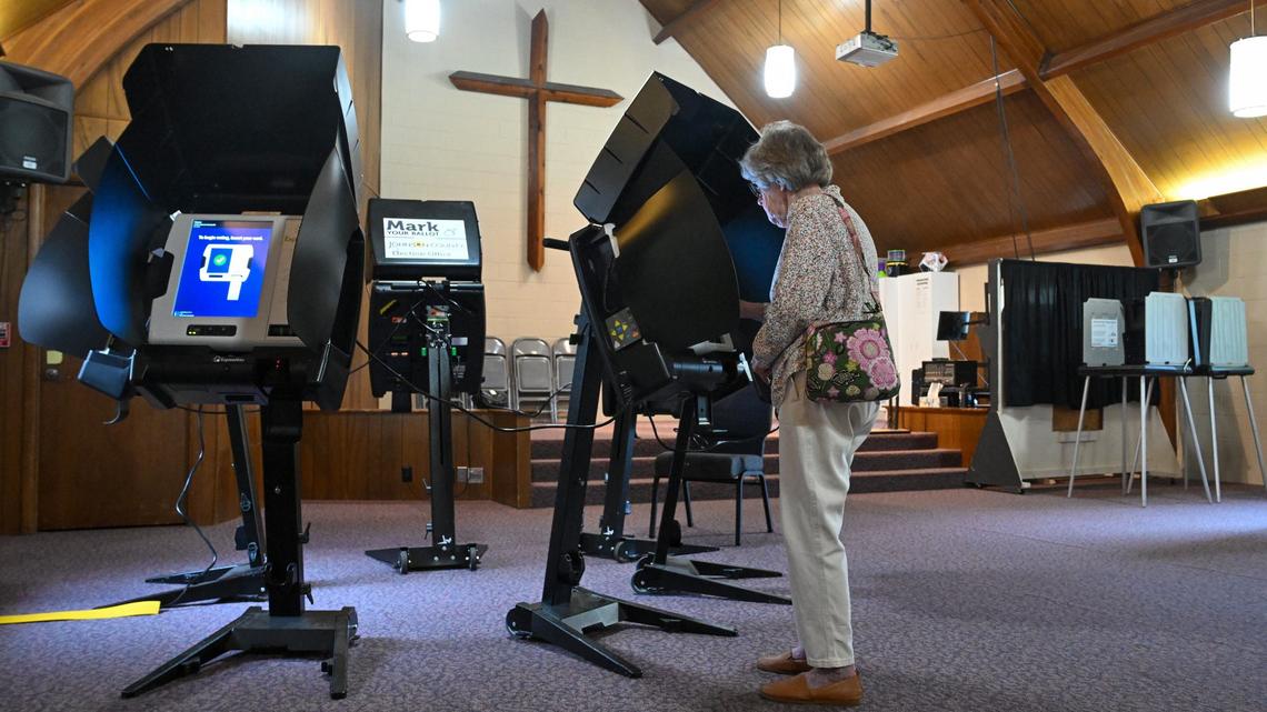Joan Luthro voted Tuesday at the Community Bible Church in Olathe. Many polling places are in churches.