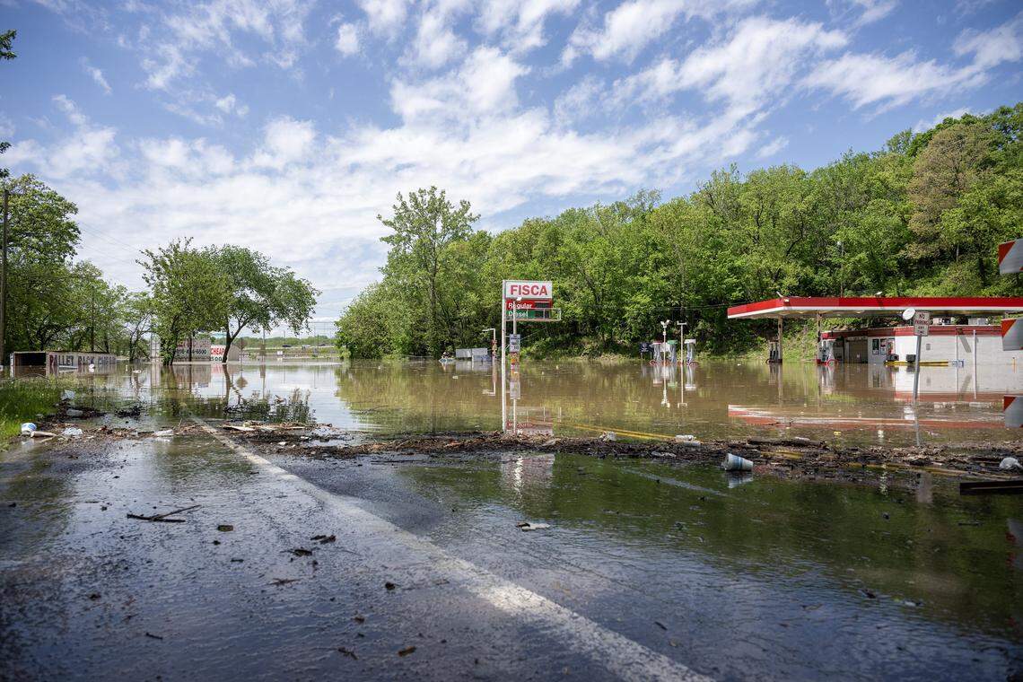 Flooding is seen at the Fisca gas station near the corner of Old 23 Street and Television Place on Monday, April 27, 2026, in Kansas City.