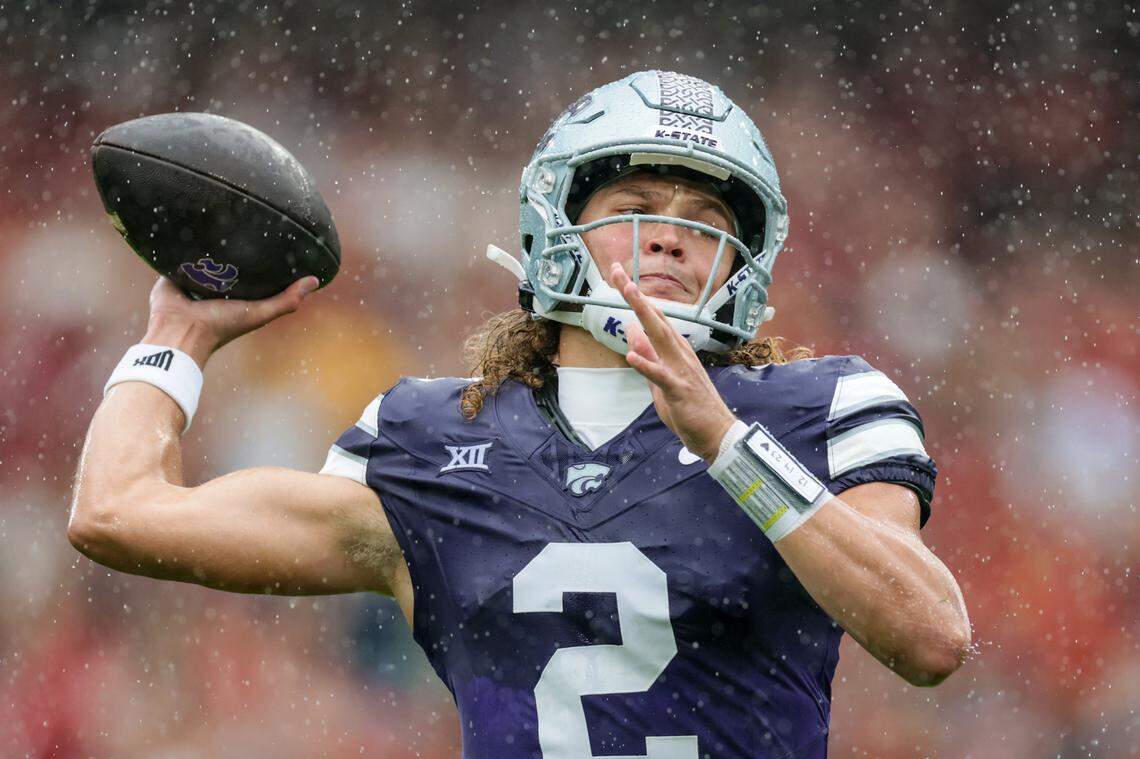 Kansas State quarterback Avery Johnson throws during the Aer Lingus Classic against Iowa State at Aviva Stadium in Dublin on Aug. 23, 2025.