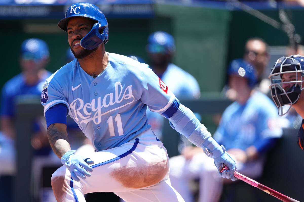 Maikel Garcia #11 of the Kansas City Royals hits a two-run double against the Houston Astros in the third inning at Kauffman Stadium on June 14, 2026 in Kansas City.