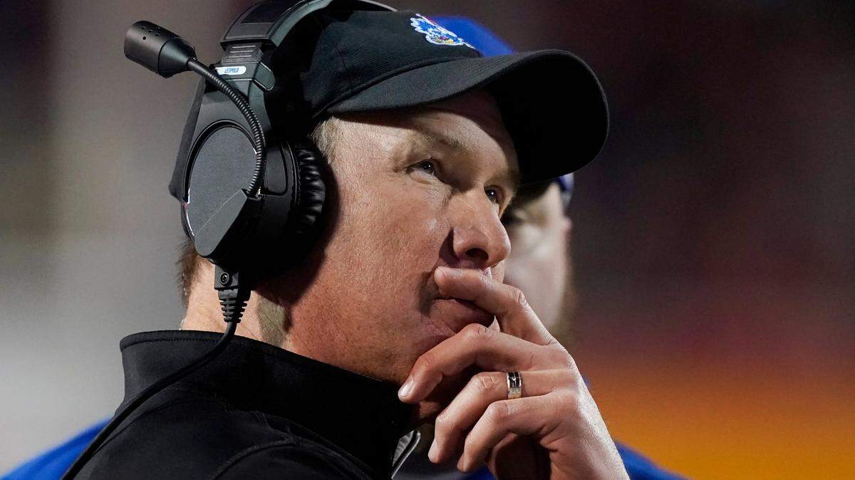 Kansas head coach Lance Leipold looks on during the second half of the Liberty Bowl against Arkansas, Wednesday, Dec. 28, 2022, in Memphis, Tenn.
