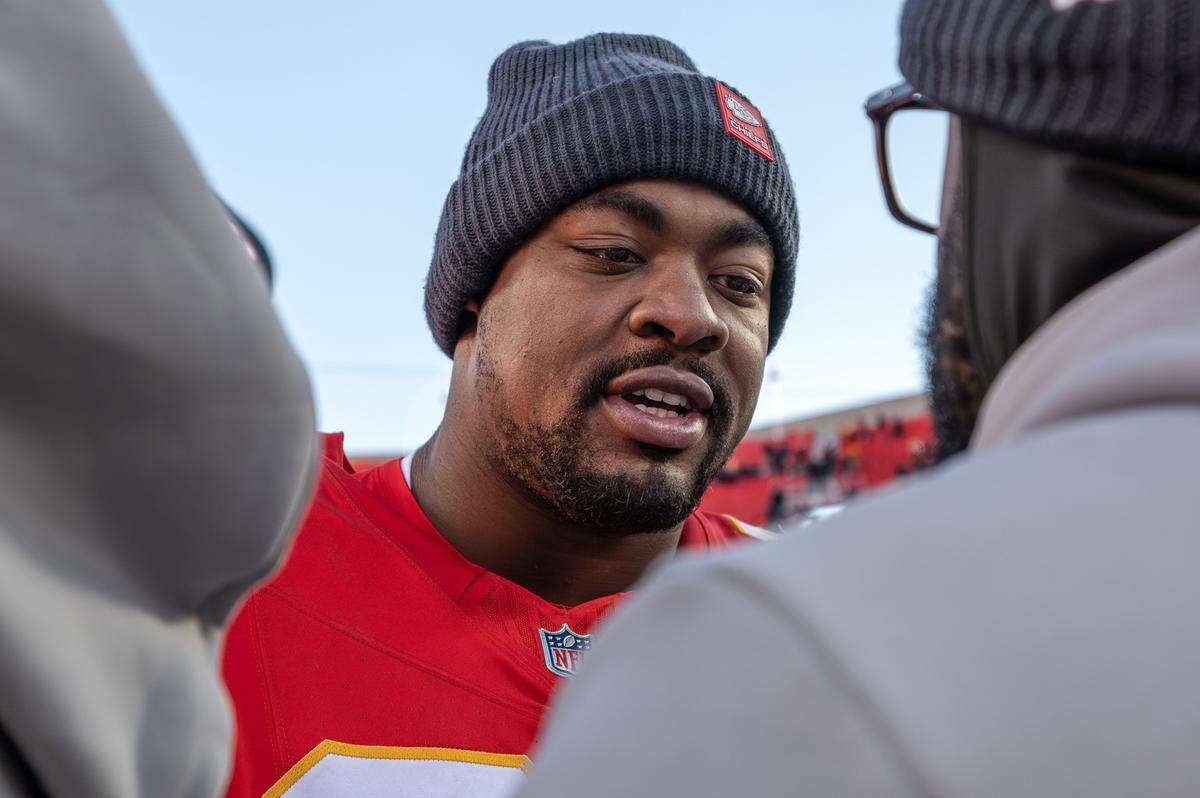 Kansas City Chiefs defensive tackle Chris Jones (95) walks off the field after 16-13 loss against the Los Angeles Chargers on Sunday, Dec. 14, 2025, at GEHA Field at Arrowhead Stadium in Kansas City.