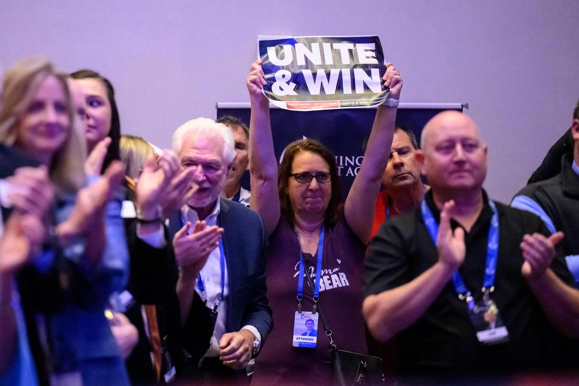 Supporters cheered Kansas Attorney General Derek Schmidt as he spoke at Sunday’s rally.