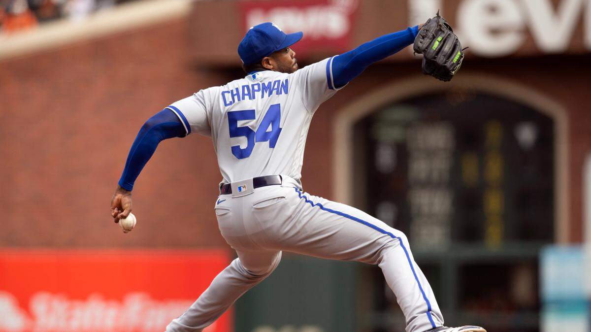 Kansas City Royals pitcher Aroldis Chapman (54) delivers a pitch against the San Francisco Giants during the eighth inning at Oracle Park on April 7, 2023.