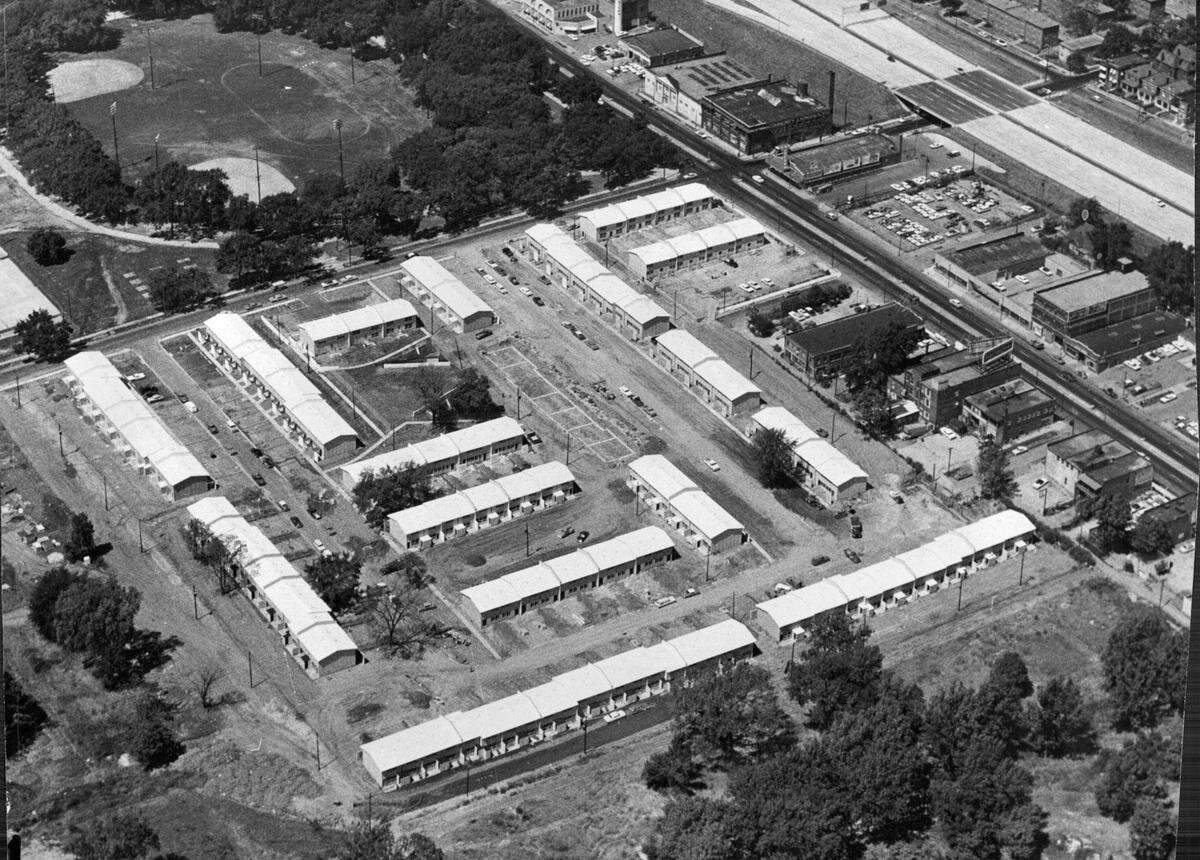 This aerial photograph from 1962, looking west and north, shows Parade Park Homes when it opened. The property in what is now the historic 18th and Vine District was one of the first Black-owned housing cooperatives in the nation.