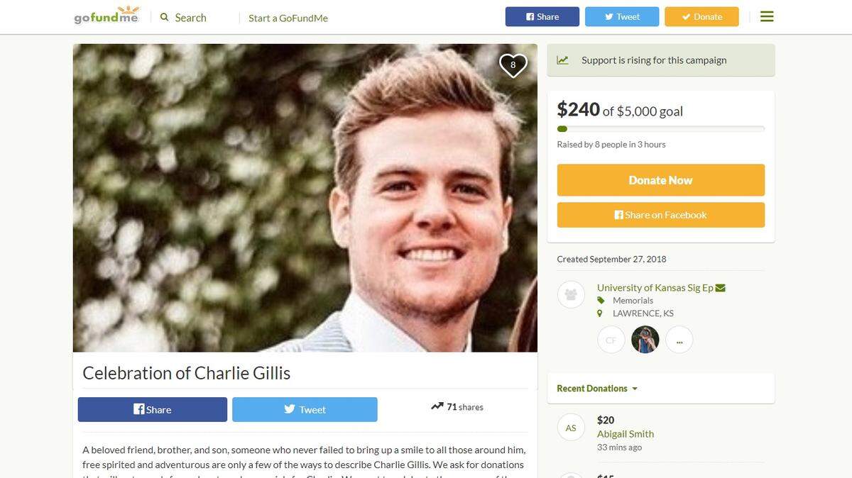 A GoFundMe account was created Thursday, Sept. 27, 2018, by the Sigma Phi Epsilon fraternity, which Charlie Gillis was a member of at the University of Kansas. Gillis died following a three-vehicle crash in Leavenworth County.