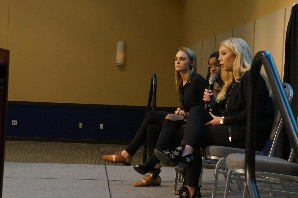 Sexual abuse survivors Daisy Coleman, from left, Jada Smith and Ella Fairon founded the advocacy group SafeBAE, speaking to middle and high school students across the country.