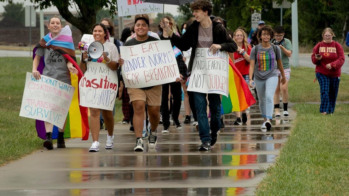 Gardner Edgerton students marched from the high school to Gardner’s City Hall to protest a proposed plan on transgender students’ use of school bathrooms and locker rooms.