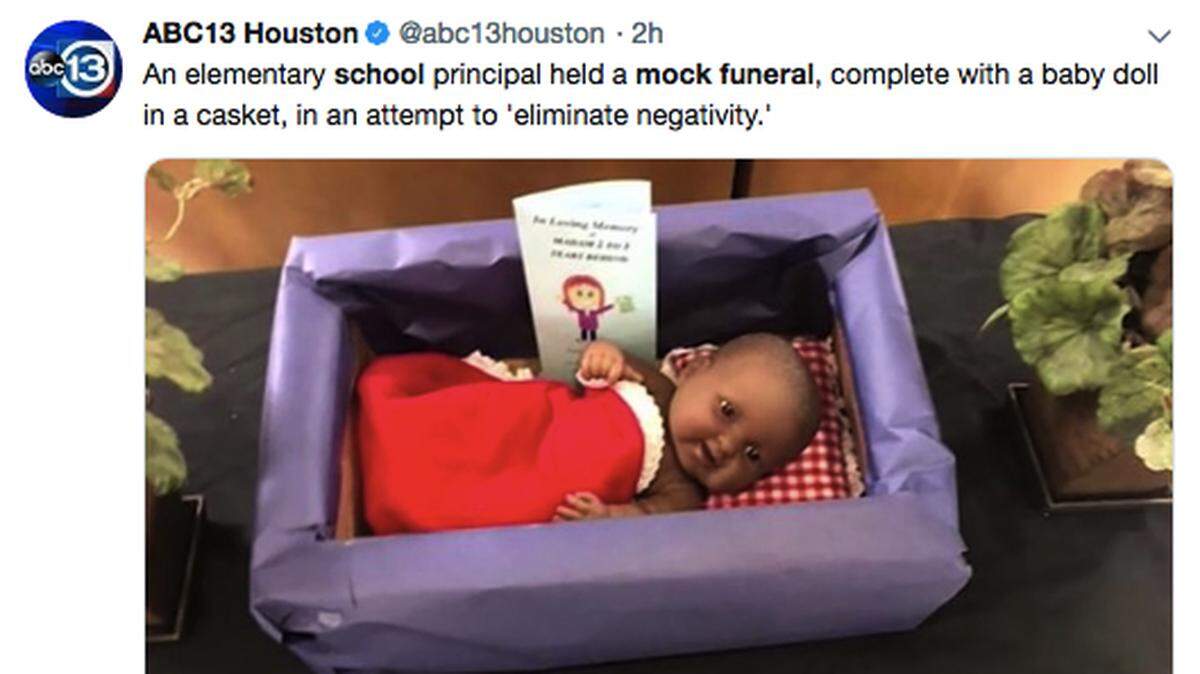 The principal of a Memphis elementary school threw a mock funeral to inspire her teachers to improve student test scores. But teachers who were offended ended up walking out of the room. (Twitter, ABC 13 Houston)
