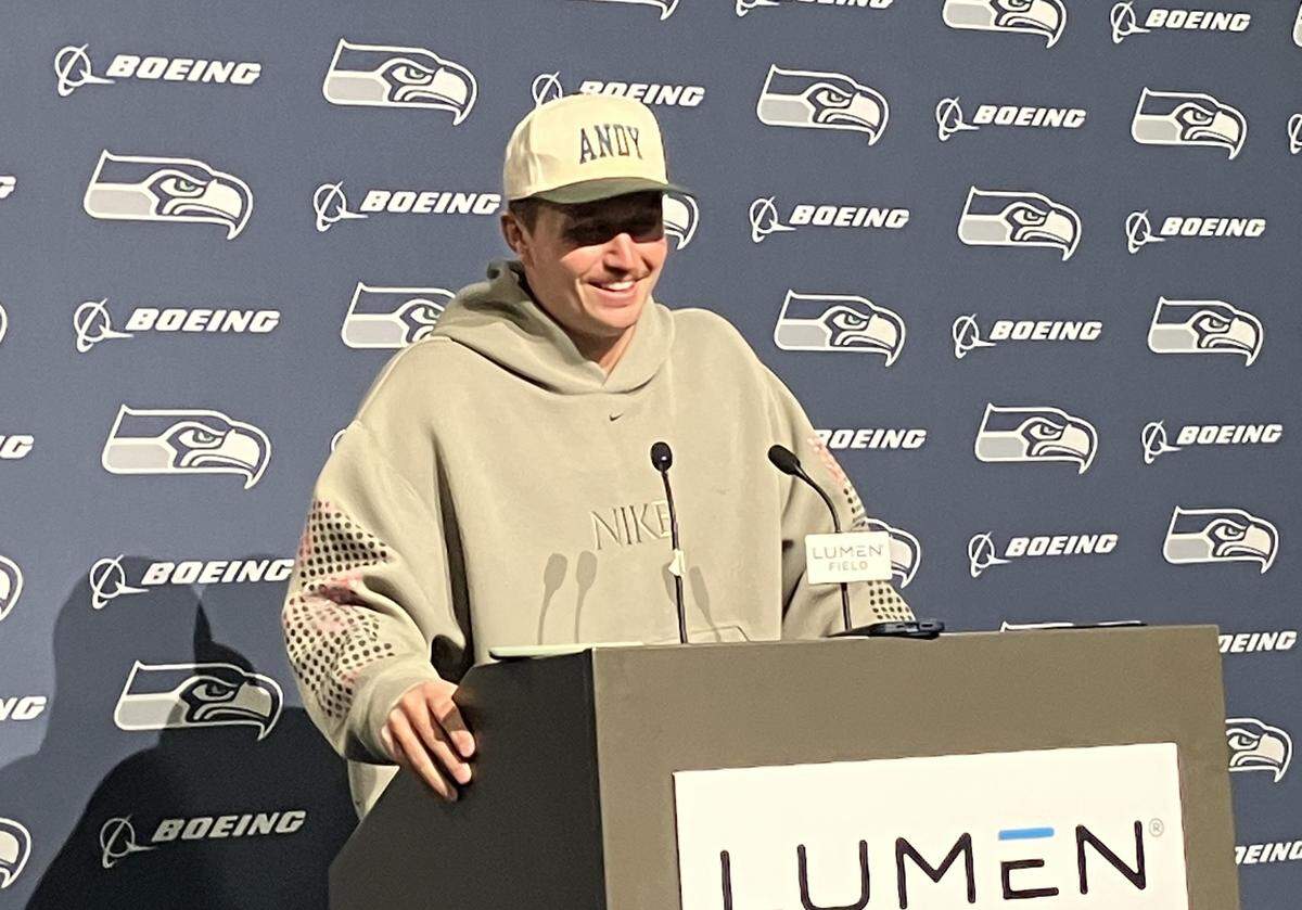 Seattle Seahawks quarterback Drew Lock, a former Mizzou star, during his postgame news conference following a preseason contest against the Kansas City Chiefs on Aug. 15, 2025.