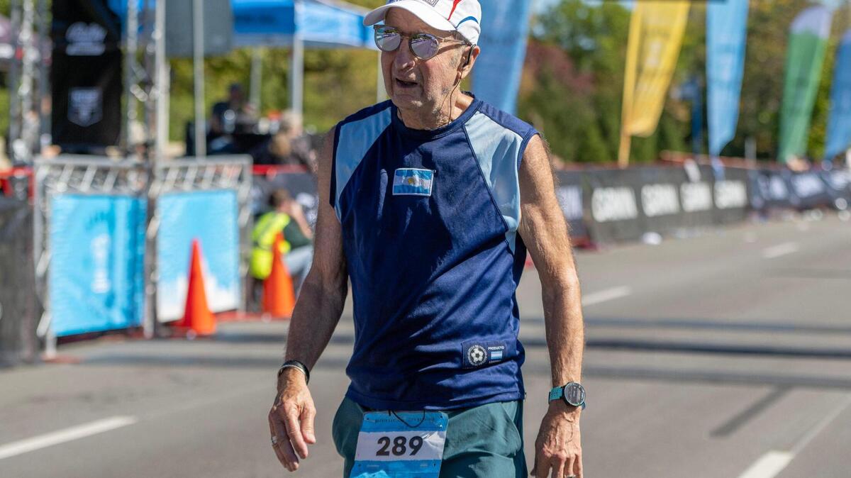 Steve Fuller finishes the Garmin Kansas City Marathon on Saturday, Oct. 21, 2023, in Kansas City. The local attorney said it was his 270th marathon.