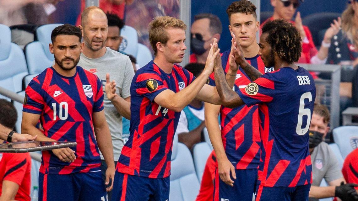 United States midfielder Gianluca Busio (6) walks off the field as United States midfielder Christian Roldan (10) walks in the game against Canada in the second half of the game, Sunday, July 18, 2021 at Children Mercy’s Field in Kansas City, Kan.