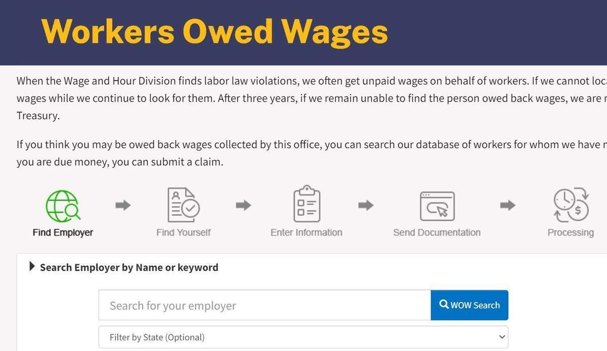 The Workers Owed Wages online tool is seen on the U.S. Department of Labor’s Wage & Hour Division website.