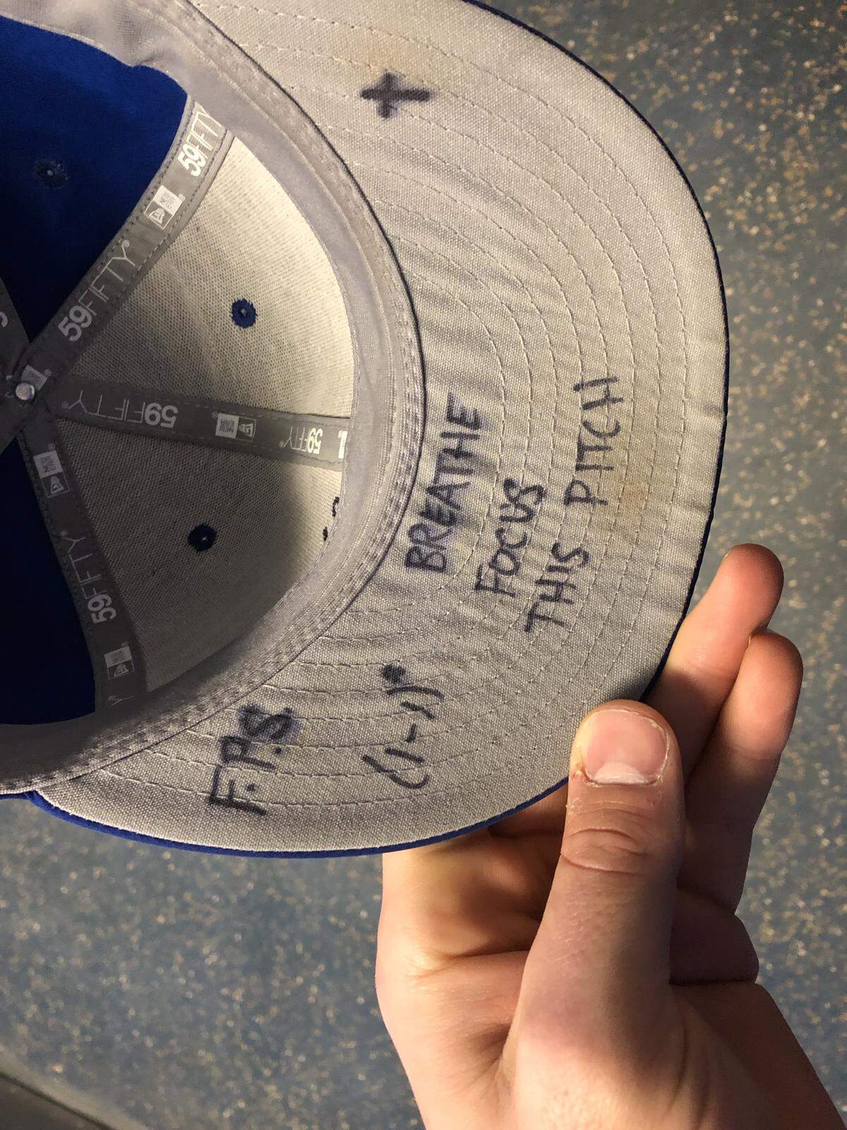 A look under the bill of Kevin Lenik's cap.