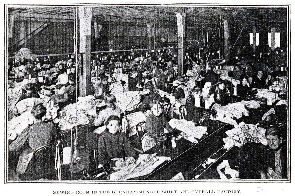Sewing room in the Burnham Munger Shirt and Overall Factory in July 1903