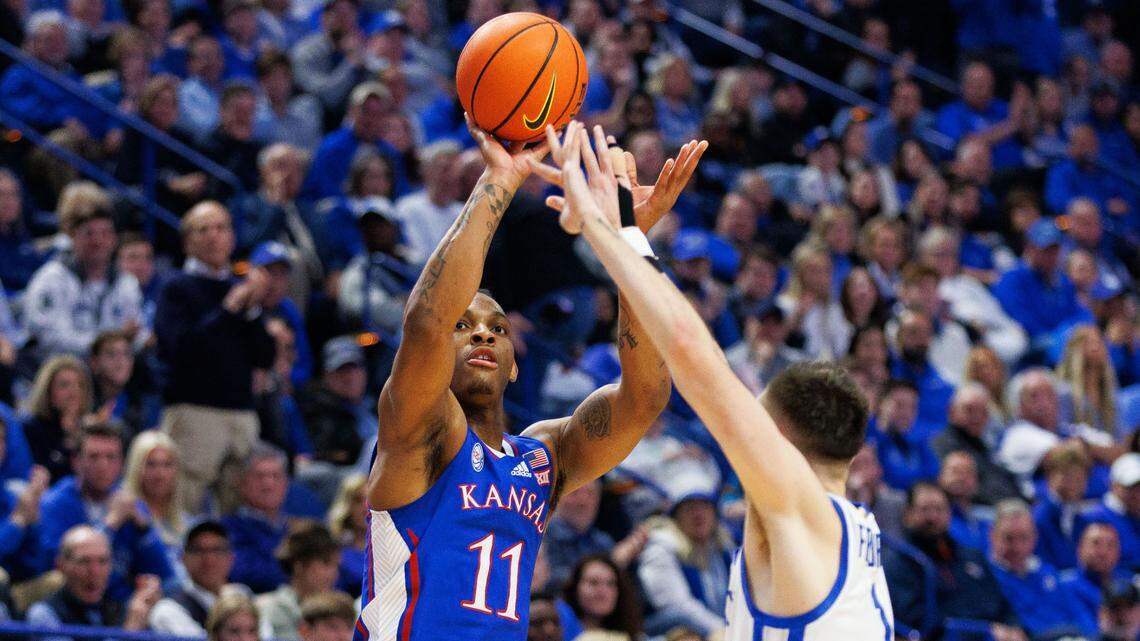 Kansas guard MJ Rice (11) shoots during the first half against Kentucky at Rupp Arena in Lexington on Jan. 28, 2023.