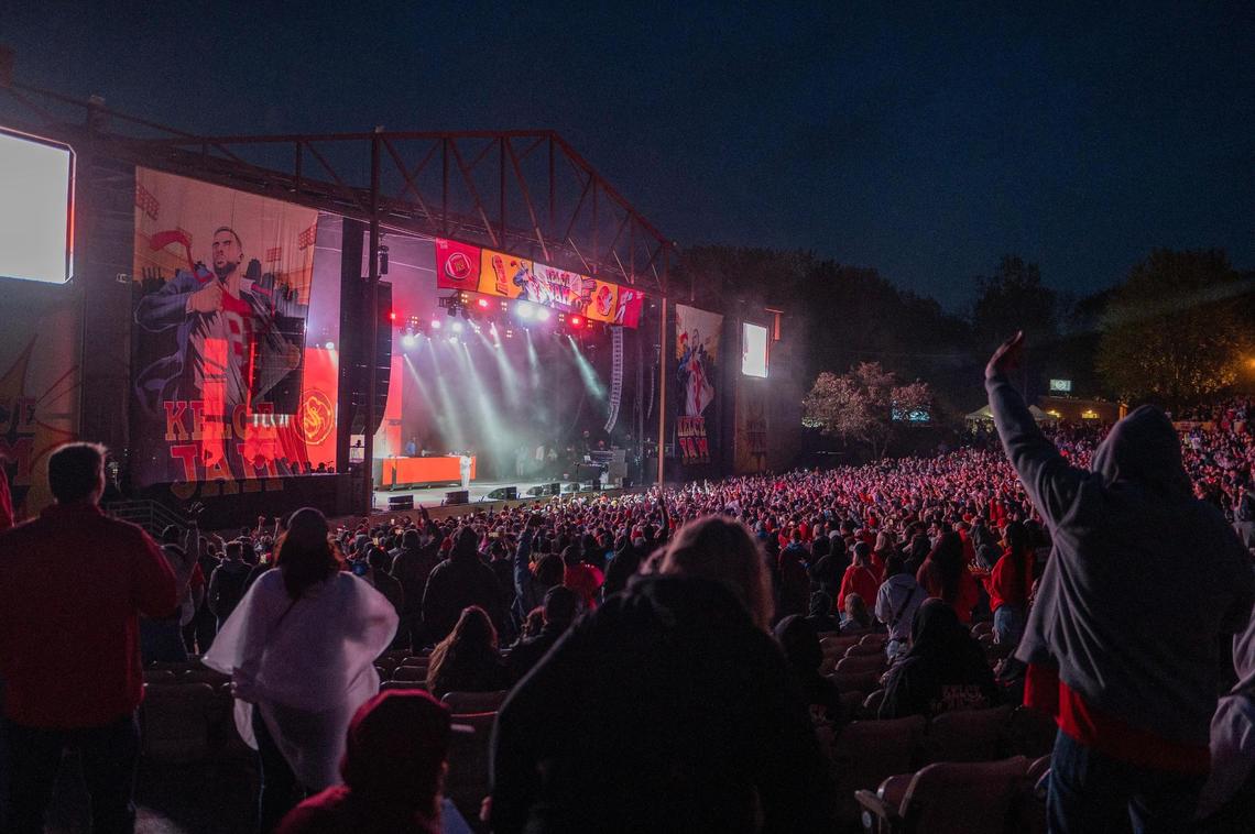 Fans cheer while watching Tech N9ne perform during Kelce Jam at the Azura Amphitheater on Friday, April 28, 2023, in Bonner Springs.