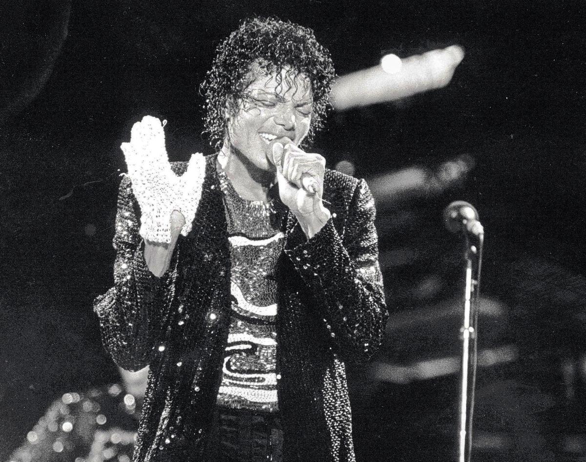 Michael Jackson wore his signature white glove during his performance kicking off the “Victory Tour” at Arrowhead Stadium on July 7, 1984.