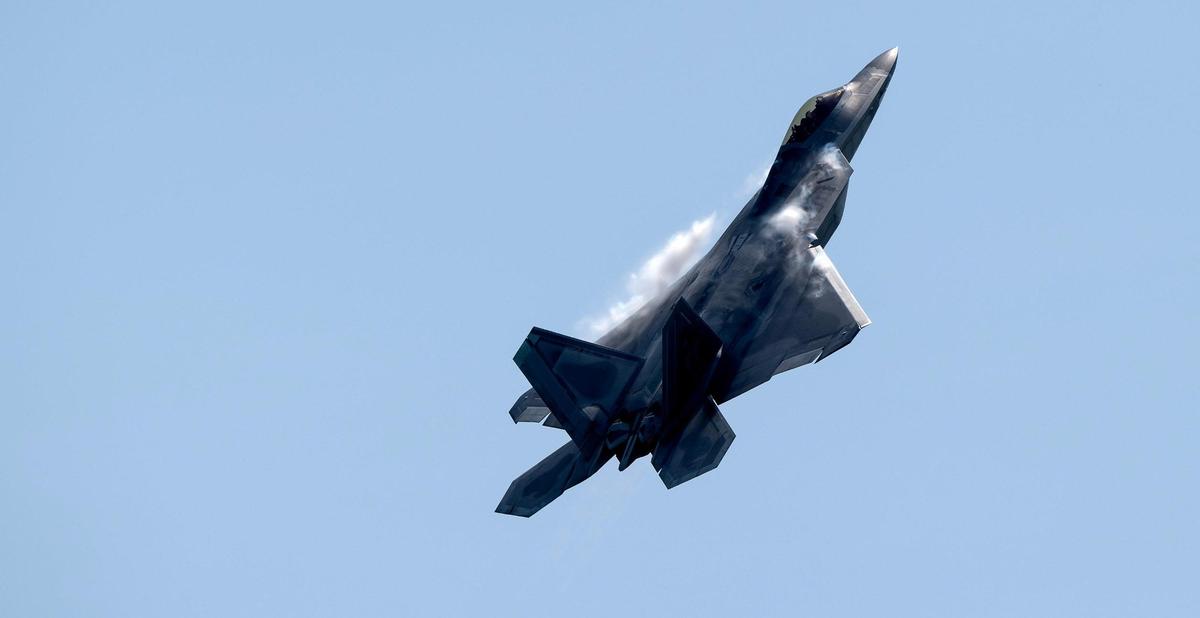 An Air Force F-22 Raptor fighter jet flies during the Garmin KC Air Show on Saturday, Aug. 19, 2023, in New Century.