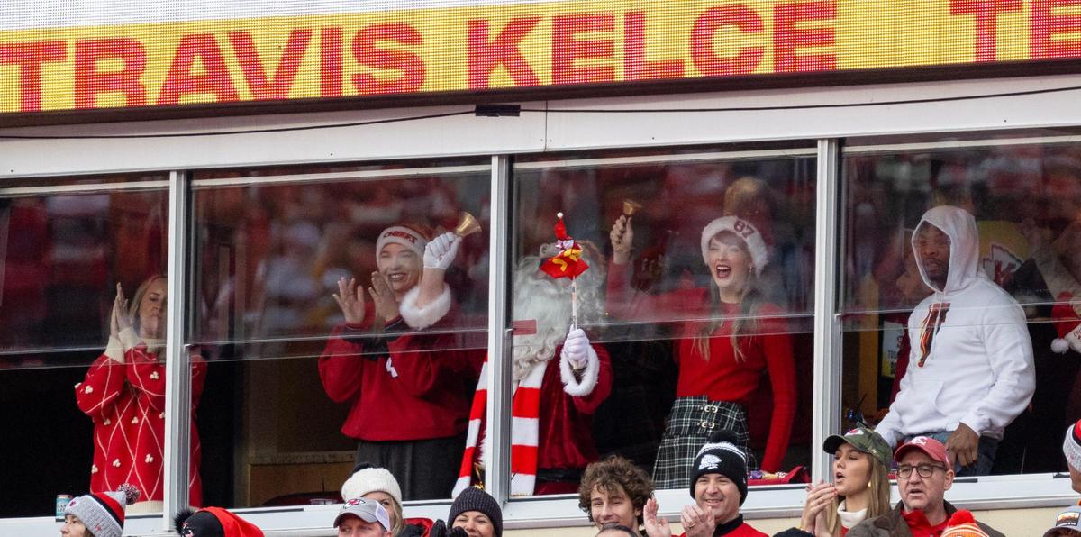 Pop star Taylor Swift cheers for her boyfriend, Kansas City Chiefs tight end Travis Kelce, during an NFL football game against the Las Vegas Raiders on Monday, Dec. 25, 2023, at Arrowhead Stadium at GEHA Field in Kansas City.