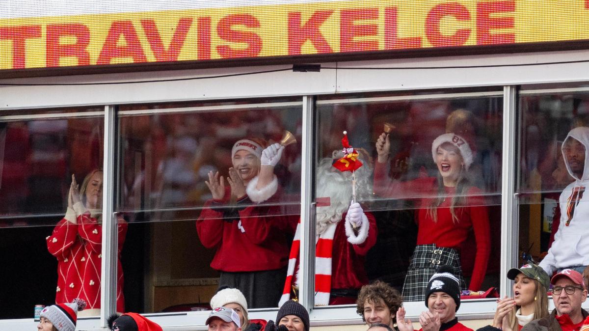 Pop star Taylor Swift cheers for her boyfriend, Kansas City Chiefs tight end Travis Kelce, during an NFL football game against the Las Vegas Raiders on Monday, Dec. 25, 2023, at Arrowhead Stadium at GEHA Field in Kansas City.