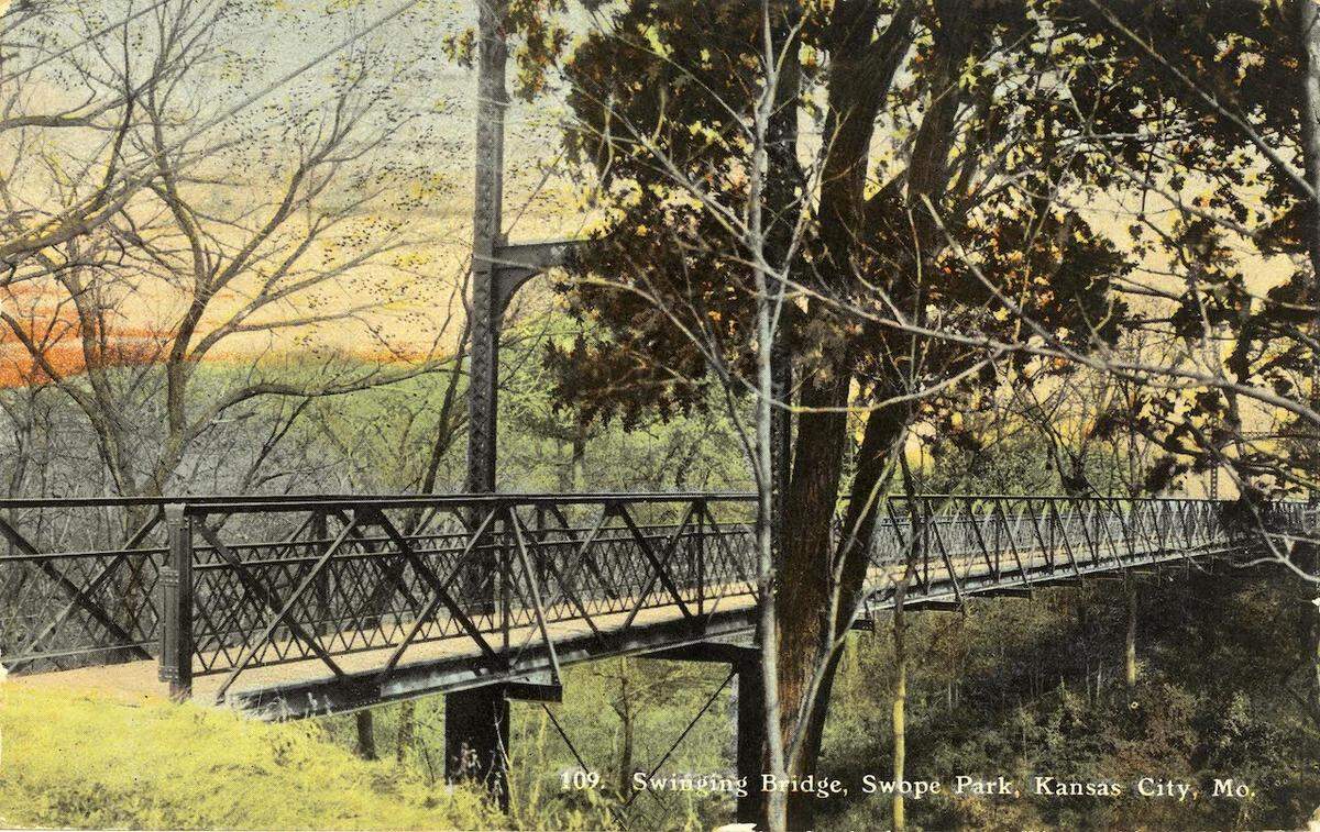 Postcard showing the Swope Park Swinging Bridge, circa 1910.