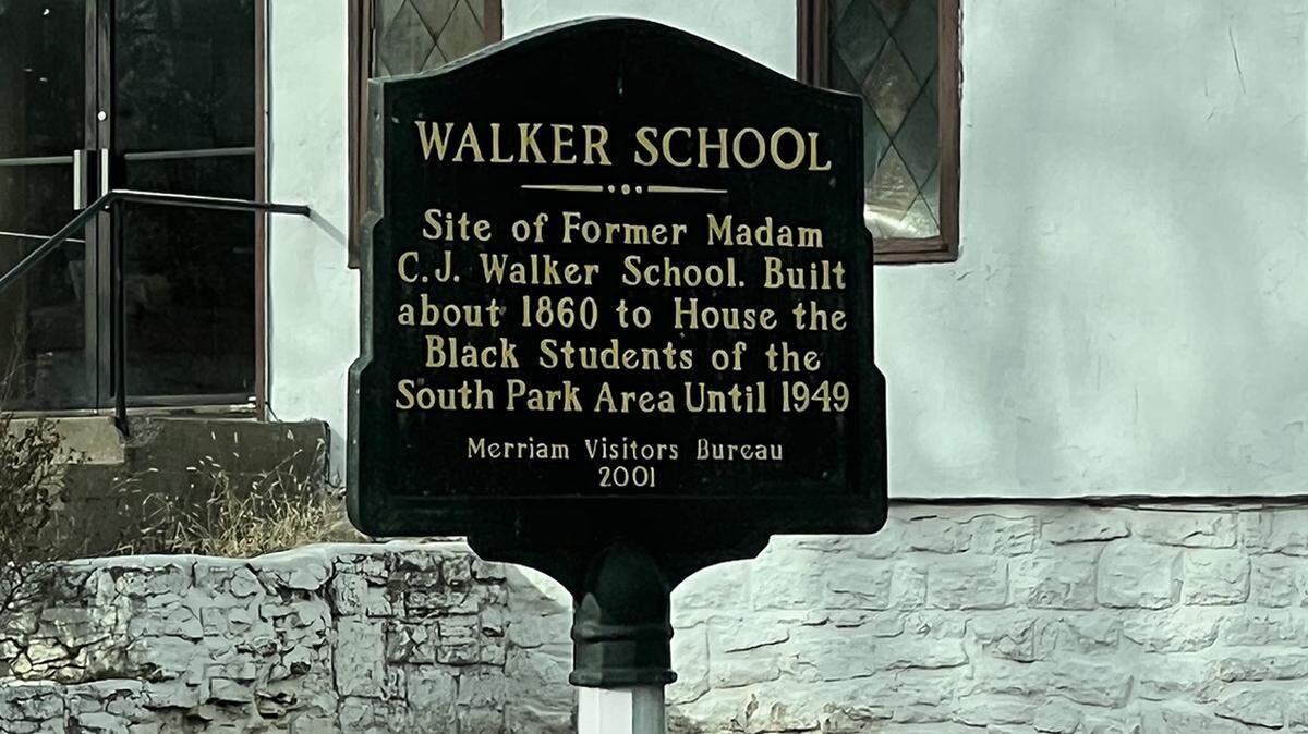 A historic marker outside the Madame C.J. Walker School in Merriam, Kansas