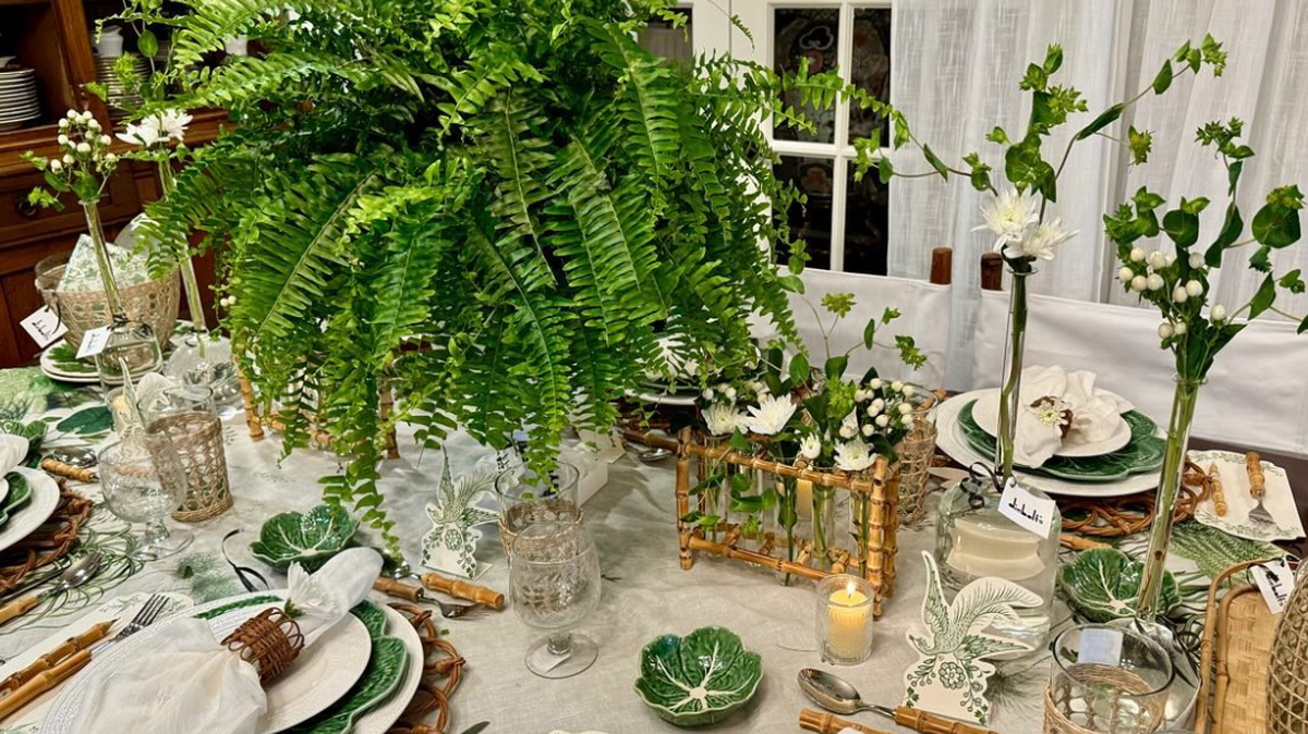 A tabletop spread at Diebolt’s, a shop Mary Carol Garrity opened this spring with partner Rebecca Wood inside Gillham House Antiques and Furnishings.