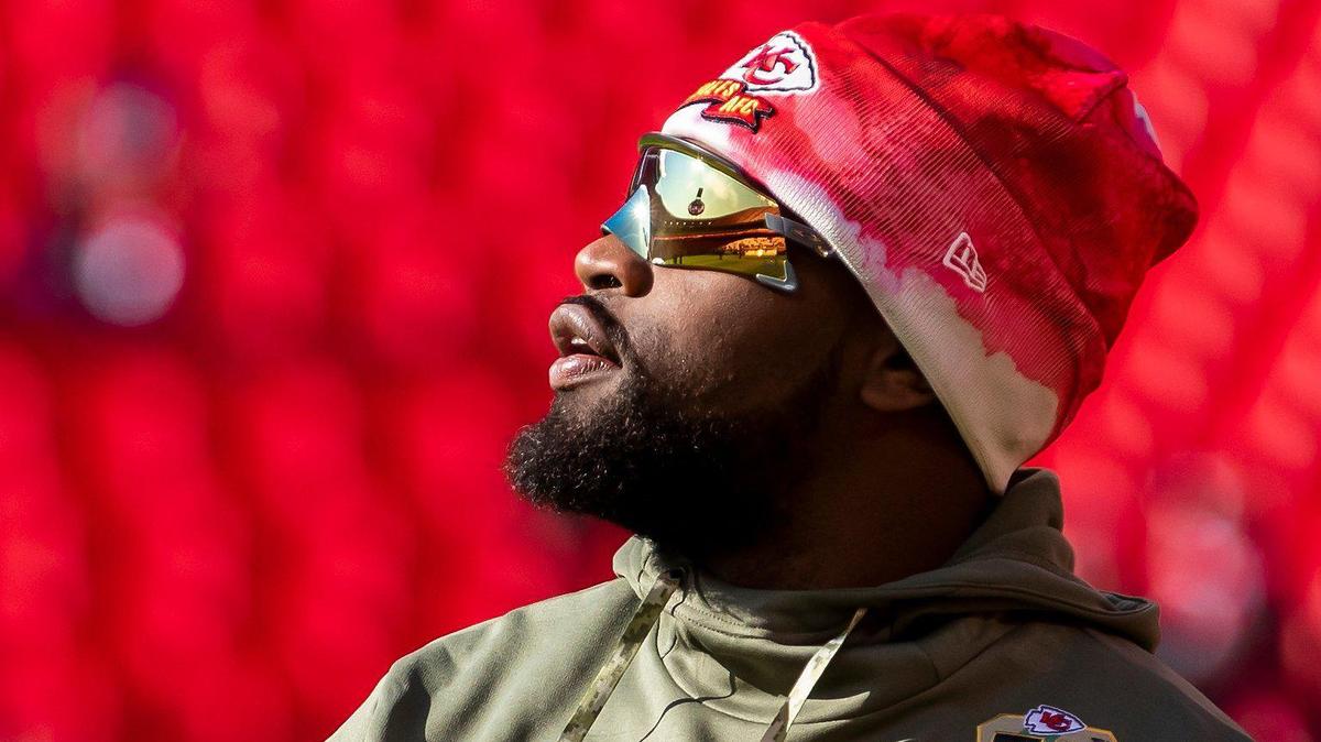 Chiefs running back Clyde Edwards-Helaire glances toward the scoreboard before a November game against the Jacksonville Jaguars at GEHA Field at Arrowhead Stadium.