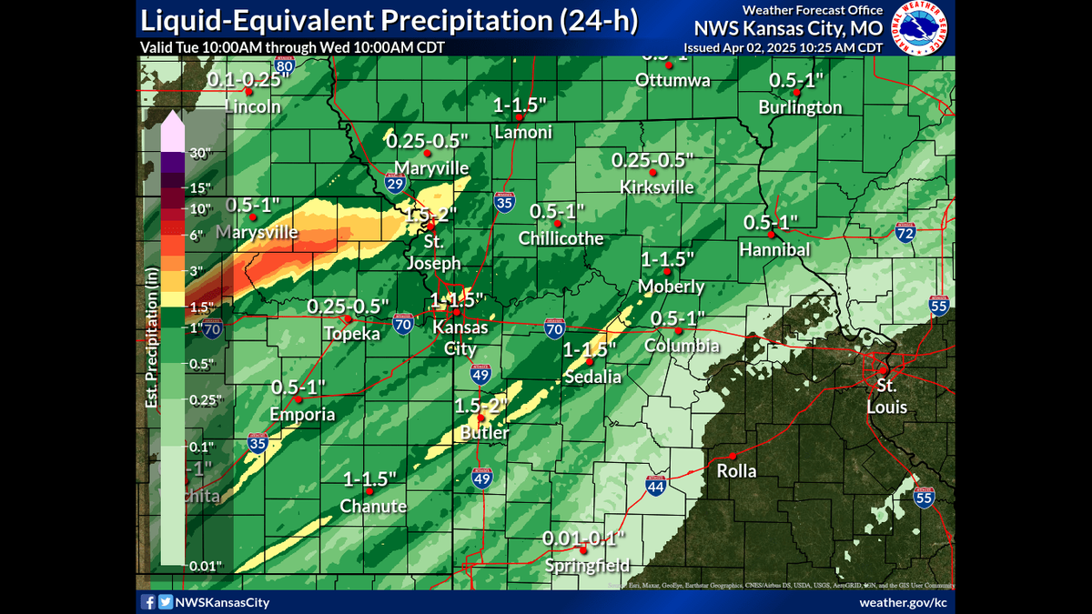 As much as 1 to 1 1/2 inches of rain fell overnight as two waves of strong-to-severe thunderstorms swept through the Kansas City area on Wednesday morning, according to the National Weather Service.