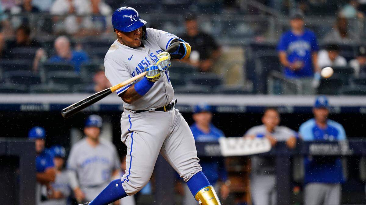 Kansas City Royals’ Salvador Perez swings on a three-run home run during the fifth inning of the team’s baseball game against the New York Yankees on Friday, July 29, 2022, in New York. (AP Photo/Frank Franklin II)