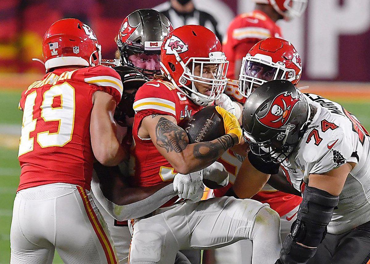 Kansas City Chiefs strong safety Tyrann Mathieu thought he had an interception in the first half but it was called back due to a penalty Sunday, February 7, 2021, at Super Bowl LV at Raymond James Stadium in Tampa, Florida.
